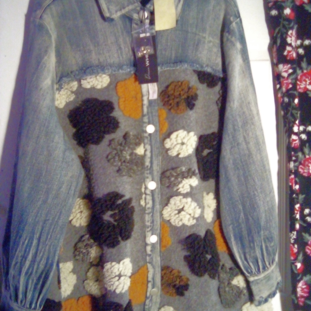 Donna Morgan Blue and Gray Jean Jacket with Floral Design